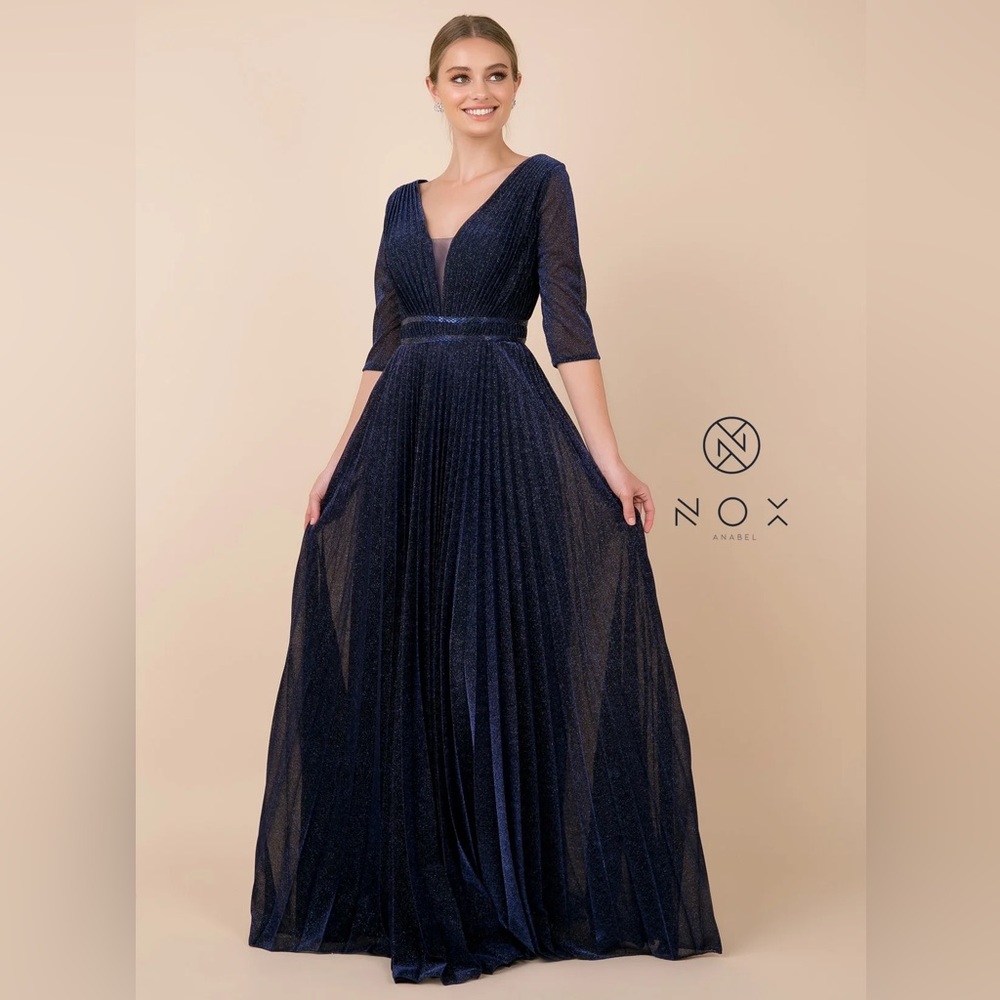 NEW Nox Anabel Deep V-neck Pleated A-line Dress M530 Blue Glitter Size Medium